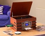EDINBURGH NOSTALGIA RETRO 5-IN-1 MUSIC SYSTEM WITH CD BURNER/ Vinyl to CD, CD to CD, Cassette to CD, Radio to CD & Aux to CD! (Record your CD's and vinyl records onto a blank CD)