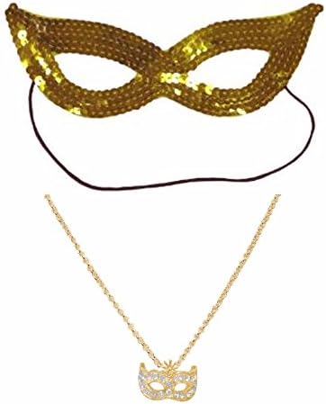 Venetian Gold Sequin Mask and Gold Masquerade Necklace Fancy Dress