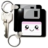 Kawaii Cute Happy Floppy Disk – Retro computer Nerd – Japanese Anime Smiley cartoon with pink label – Set Of 2 Key Chains