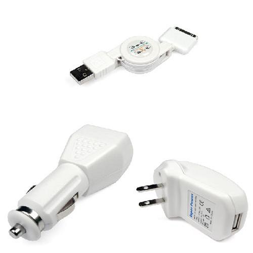 Retractable Hotsysnc & Charging USB Data Cable + USB Car Charger + USB Home Travel Charger for Apple Iphone 3G 2nd Generation Smartphone
