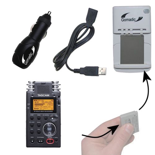 Gomadic Portable External Battery Charging Kit for the Tascam DR-100 MKII Includes Wall, Car and USB Charge Options
