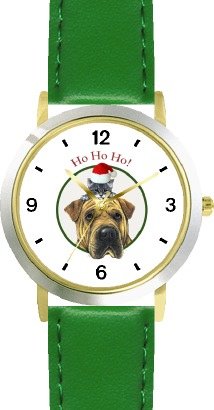 Gray Tabby Kitten or Cat in Santa Claus Hat on Shar pei Dog - Christmas Theme - JP - WATCHBUDDY® DELUXE TWO-TONE THEME WATCH - Arabic Numbers - Green Leather Strap-Size-Children's Size-Small ( Boy's Size & Girl's Size )
