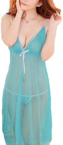 ROSEMANDY Sexy Lace 2 Colors See-through Long Dress Lingerie Set Sleepwear (Blue)