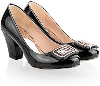 Maymeenth Womens Closed Toe Round Toe Kitten Heel Patent Leather Solid Pumps with Rhinestones, Black, 32