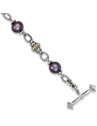 Sterling Silver W/14k 7.5-8mm Fw Cultured Black Pearl 8in Bracelet
