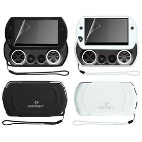 KONNET PSP Go SoftJac 6-In-1 Pack with Anti-Slip Silicone, Wrist Strap and Screen Protection Films (Silicone Skin - Black x 1 & White x 1, Wrist Strap - Black x 1 & White x 1, Screen Protection Film x 2)