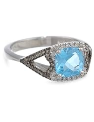 Badgley Mischka Fine Jewelry Sterling Silver White and Champagne Diamonds Cushion Cut Blue Topaz Ring, Size 7