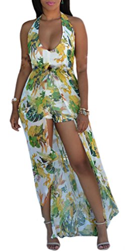 Kearia Women Summer Sexy V Neck Halter Floral Maxi Skirt Overlay Romper Playsuit