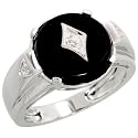 10k White Gold Circular Men's Onyx Ring, w/ Brilliant Cut Diamonds & 16x11mm Fancy Cut Black Onyx Stone, 9/16" (15mm) wide