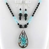 Murano Glass Flower Pendant Black Onyx Stone Beads Necklace Earrings ne1093