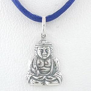 Buddha Pendant in Sterling Silver on Bright Blue Satin Cord, #8657