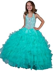 Girls  Lace Beaded  Backless Crystals Tiered Crystal Floor Length Halter Pageant Dress  With Rhinestones and Ruffles