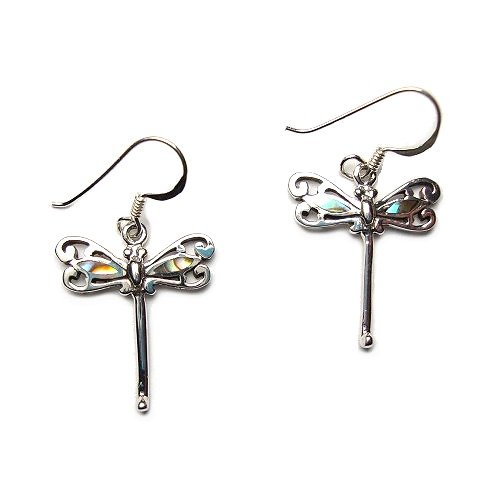 Shell Inlay Dragonfly Sterling Silver Dangle Earrings