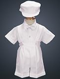 White Christening Baptism Suspenders and Short Set with Hat