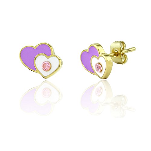 Girls Enamel Double Heart & Crystal Earrings 18kt Gold Plated Stud Earrings Fashion Jewelry for Girls