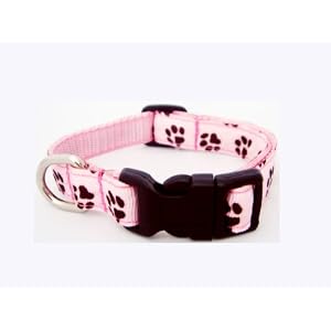 Xsmall Pink/Chocolate Puppy Paws - Nylon Webbing Dog Collar: 1/2