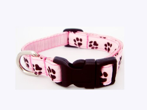 Xsmall Pink/Chocolate Puppy Paws - Nylon Webbing Dog Collar: 1/2