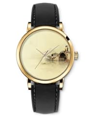 SPRAWL Aanalog Fashion Series Gold Ladies Watches of Genuine Black Leather Strap,Unique Wrist Watch for Women Girls Designed with Old house