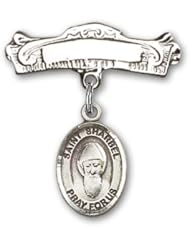 Sterling Silver Baby Badge with St. Sharbel Charm and Arched Polished Badge Pin