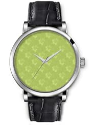 SPRAWL Aanalog Fashion Series Silver Ladies Watches of Genuine Black Leather Strap,Unique Wrist Watch for Women Girls Designed with Flowers on green background