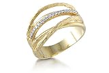 14K Yellow Gold Matte-Finish Hand-Crafted Designer Etched Ring, Enhanced with Pave Set Diamonds.