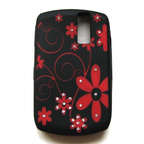 RIM BlackBerry Curve 8300 8310 8320 8330 Laser Skin Case Soft Rubber Silicone Protector Image Cover With Diamonds Red Flowers