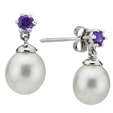 14k White Gold 7-7.5mm Freshwater Pearl with 2tcw Purple Amethyst Stud Earring