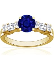 18K Yellow Gold Round Cut Blue Sapphire Ring With Sidestones