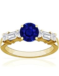 14K Yellow Gold Round Cut Blue Sapphire Ring With Sidestones