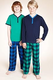 2 Pack Older Boys Pure Cotton Y Neck Checked Pyjamas