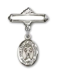 Sterling Silver Baby Badge with Our Lady of All Nations Charm and Polished Badge Pin