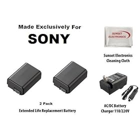 2 Pack Extended Life Replacement Battery Pack For Sony NP-FW50 1500MAH! For The Sony Alpha NEX-3, NEX-5, NEX 3N, NEX 5N, NEX-C3, NEX-C3K, NEX-7 SLT-A33 SLT-A55 Digital Cameras + 110/220V 1 Hour Home & Car Charger + SSE Cleaning Cloth