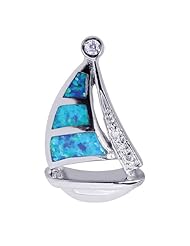 Silver With Rhodium Finish Shiny Textured Created Opal Sail Boat Pendant