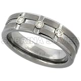 Tungsten Carbide 6 mm Diamond Wedding Band Ring 3-Stone for Her 0.11 Carats Satin Finish Horizontal and Vertical Grooves, size 6