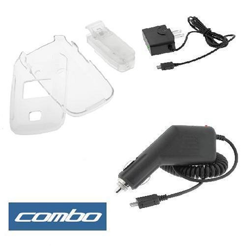 Transparent Clear Snap On Crystal Hard Case with Belt Clip + Rapid Car Charger + Home Travel Charger for Sprint LG LX-400 Cell Phone