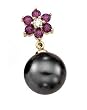 14K White Gold Tahitian Cultured Near Round Dark Grey "A" Quality Pearl, Rhodolite Garnet and Diamond Pendant