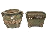 Glazed Embossed Round Planter w/Feet ( Pottery)