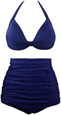 AnnaLover Women Reto Vintage Swimsuits Halter High Waisted Bikini Swimwear, US 16-18=Tag Size 5XL, Navy