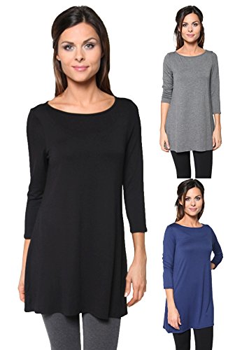 3 Pack: Loose Fit Elbow Sleeve Tunics (Black, Charcoal, Navy), Medium