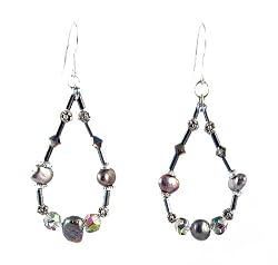 Earrings - E306 - Bugle Beads, Fire Polished Glass Beads & Freshwater Pearls - Oval Loop ~ Purple Gray