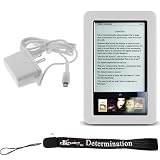 Slim High Quality Durable Silicone Skin Case Customer Made For Barnes & Noble Nook eBook Reader (White) + Includes a 4-Inch eBigvalue Determination Hand Strap + Easy Travel Home Wall Charger
