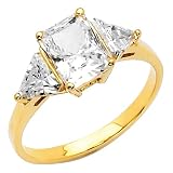 14K Yellow Gold Emerald Three Stone CZ Cubic Zirconia Ladies Wedding Engagement Ring Band