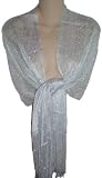Sheer White with Silver Lurex Fringed Evening Wrap Shawl for Prom Wedding Formal