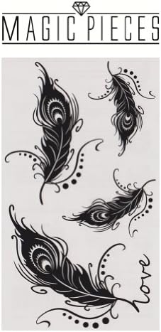 MagicPieces Temporary Tattoo Fake Tattoo Waterproof Non-toxic Tattoo Sticker with Black Feather Heart Pattern Size 3.9"X6.6" T0522