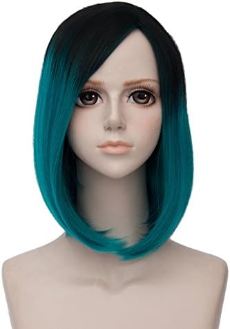 Cosplayvoice Lolita Girls Medium Long Black Mixed Turquoise Green Straight BOBO Cosplay Wig