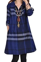 Long Sleeves Cotton/Linen Plaid Print Midi Dress 