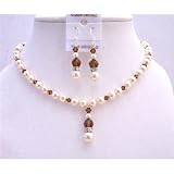 NSC633 Ivory Pearls Smoked Topaz Bridal Jewelry Set Swarovski Ivory Pearls Smokded Topaz Crystals w/ Silver Rondells Jewelry Set