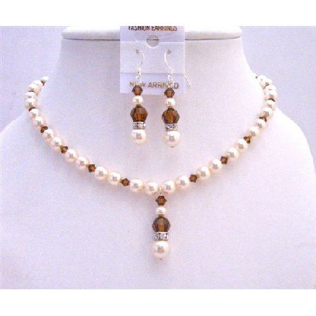 NSC633 Ivory Pearls Smoked Topaz Bridal Jewelry Set Swarovski Ivory Pearls Smokded Topaz Crystals w/ Silver Rondells Jewelry Set