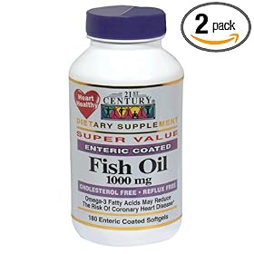 21st Century Dietary Supplement Fish Oil Enteric Coated Softgels, 1, 000 mg, 180-Count Bottles (Pack of 2)