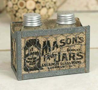 Mason Jar Salt and Pepper Caddy with Burlap by Colonial Tin